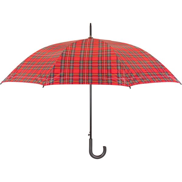 Red tartan unisex walking umbrella with J-shaped handle.