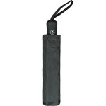 Portable black umbrella with wrist strap for easy carrying.