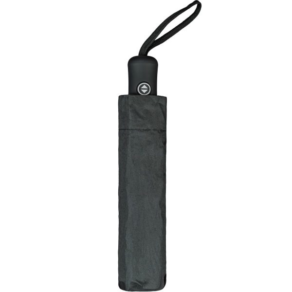 Portable black umbrella with wrist strap for easy carrying.