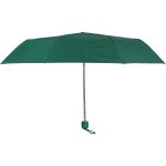 Green compact umbrella with a wrist strap for easy carrying.