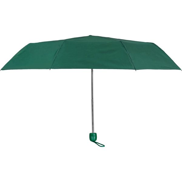 Green compact umbrella with a wrist strap for easy carrying.