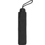 Black compact umbrella in protective sleeve with wrist strap.