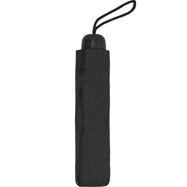 Black compact umbrella in protective sleeve with wrist strap.