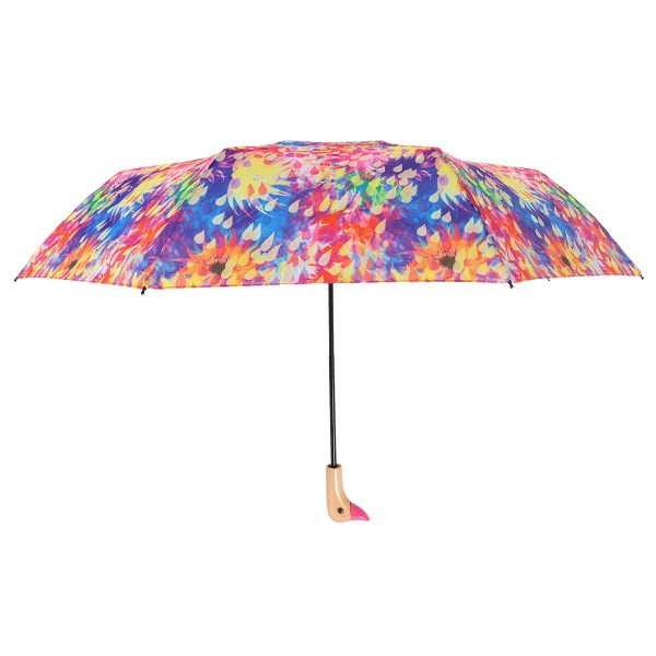 Colourful floral duck head umbrella for children, compact and lightweight.