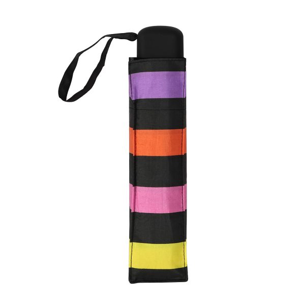 Colorful umbrella case with purple, black, orange, pink, and yellow stripes.