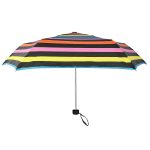 Vibrant striped umbrella with a silver handle for sun and rain protection.