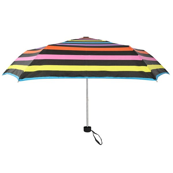 Vibrant striped umbrella with a silver handle for sun and rain protection.