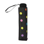 Colourful polka dot umbrella case with wrist strap for portability.