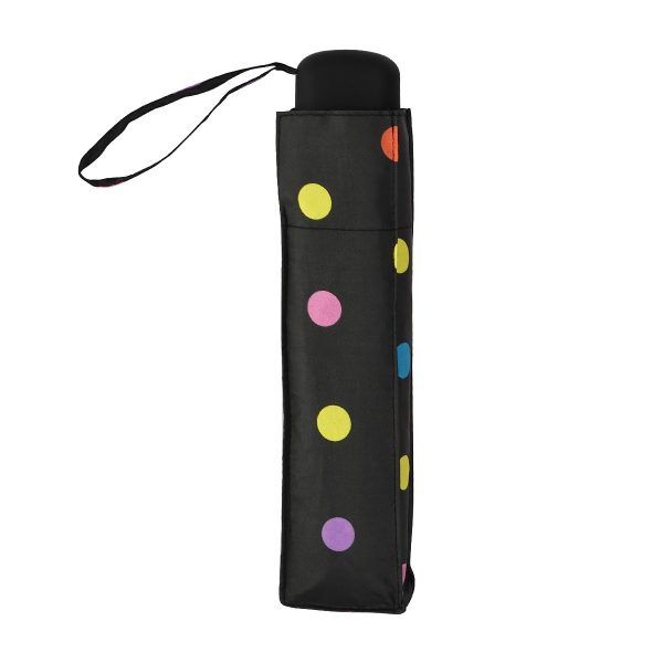 Colourful polka dot umbrella case with wrist strap for portability.