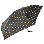 Colourful polka dot umbrella with black background for children.