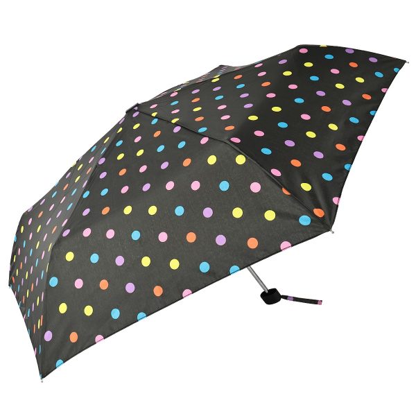 Colourful polka dot umbrella with black background for children.