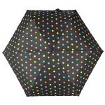 Colourful polka dot umbrella with black background, perfect for children.