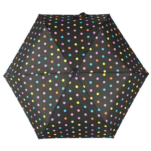 Colourful polka dot umbrella with black background, perfect for children.