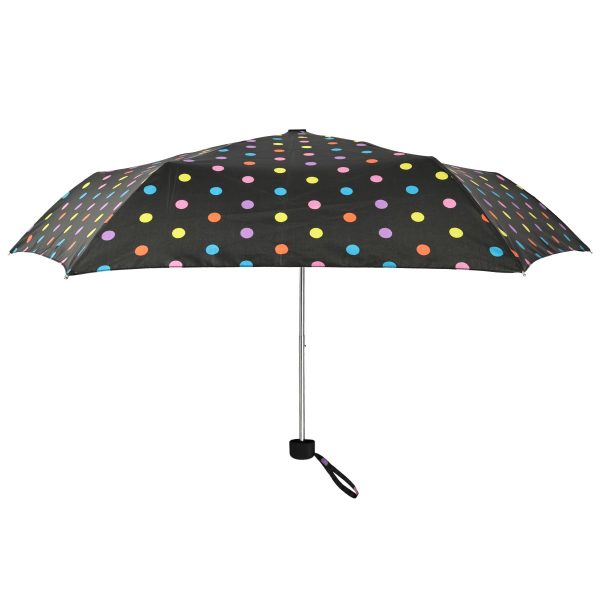 Colourful polka dot compact umbrella for rain protection.