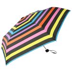 Vibrant striped umbrella with black background, perfect for rain protection.
