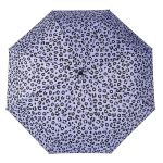 Leopard print umbrella with black spots on a light purple background.