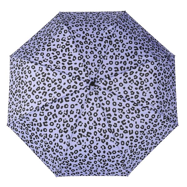 Leopard print umbrella with black spots on a light purple background.