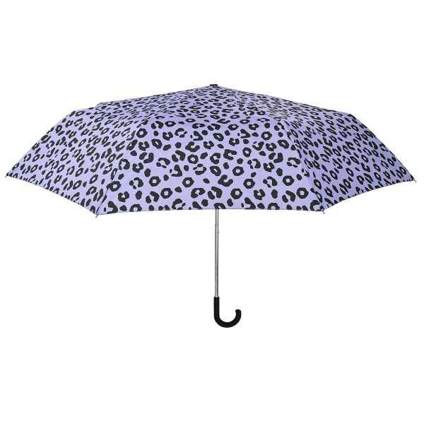 Leopard print umbrella with black handle and silver shaft.