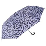 Leopard print umbrella with black handle for stylish rain protection.