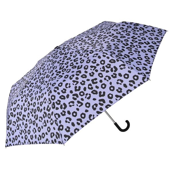 Leopard print umbrella with black handle for stylish rain protection.