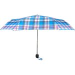 Colourful tartan print umbrella with a silver handle and strap.