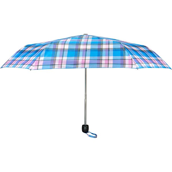 Colourful tartan print umbrella with a silver handle and strap.