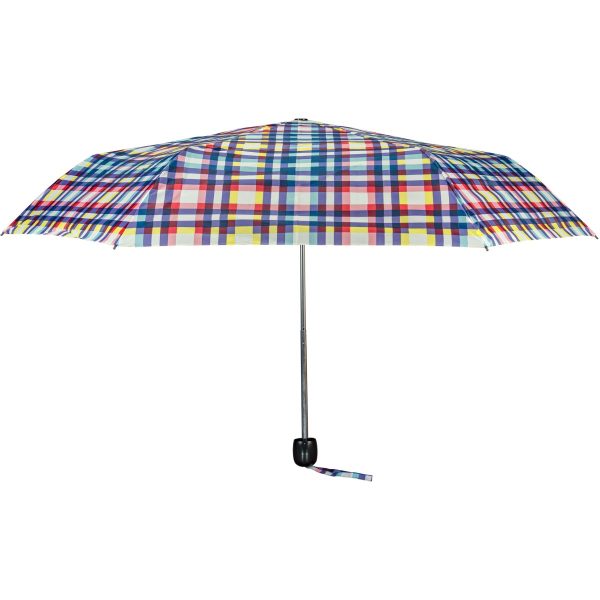 Colourful tartan print umbrella for rain protection and style.