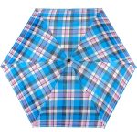Colourful tartan print umbrella with blue, pink, and white pattern.