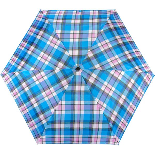 Colourful tartan print umbrella with blue, pink, and white pattern.
