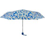 Blue floral print umbrella with a matching handle and open canopy.