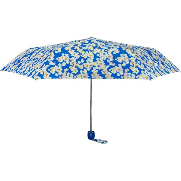 Blue floral print umbrella with a matching handle and open canopy.