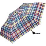 Colourful tartan print umbrella with compact design for rain protection.