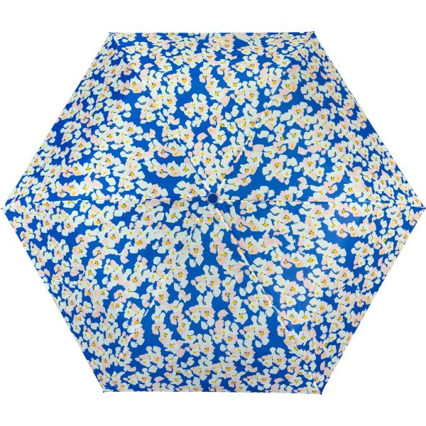Blue umbrella with yellow and white floral pattern for UK market.