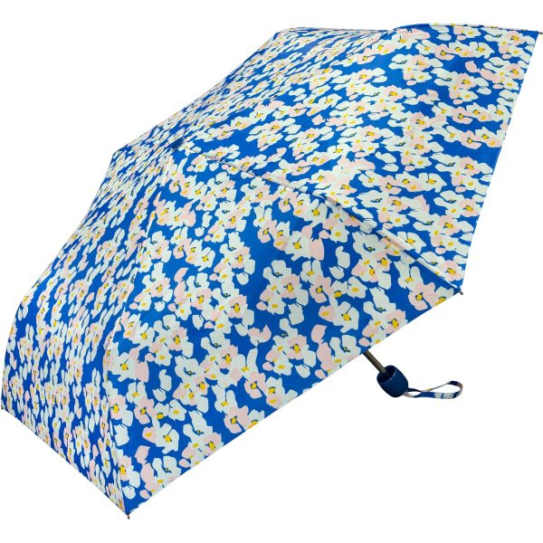 Blue floral print umbrella with compact design and matching strap.