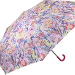 Colourful floral umbrella with curved handle for rain protection.