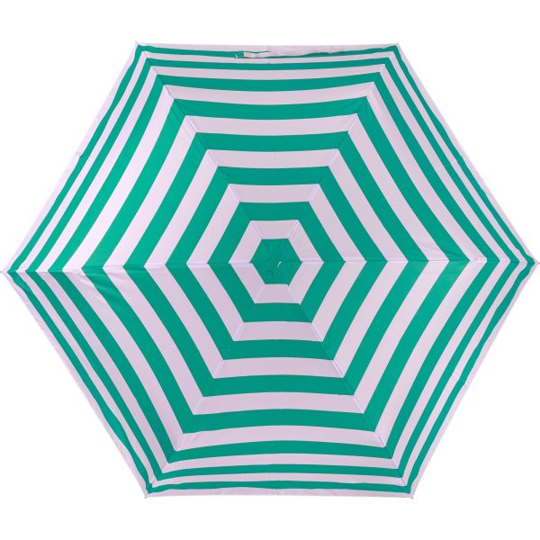 Striped green and white super light umbrella for outdoor use.