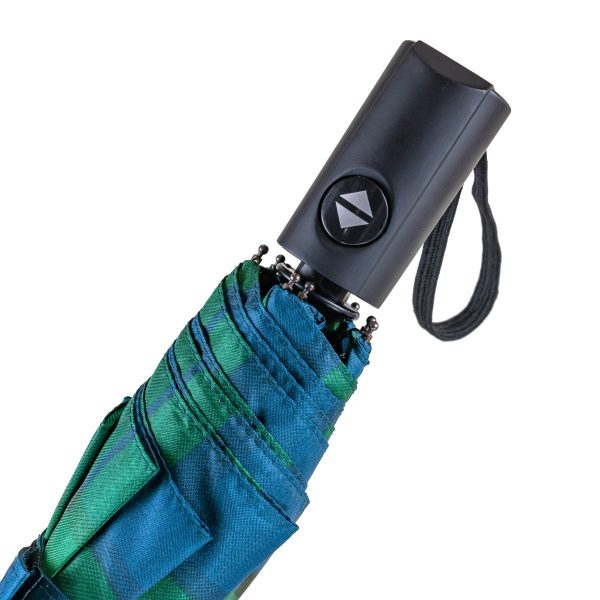Compact tartan umbrella with automatic open and close feature.