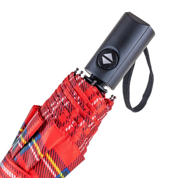 Red tartan umbrella with automatic open/close button and wrist strap.