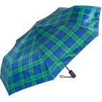 Tartan umbrella with auto open and close feature in blue and green.