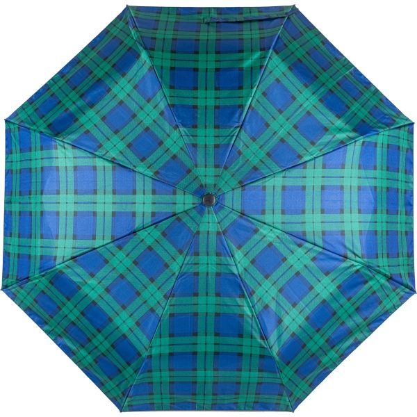 Blue and green tartan umbrella with auto open and close feature.