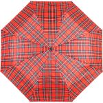 Red tartan umbrella with auto open and close feature.