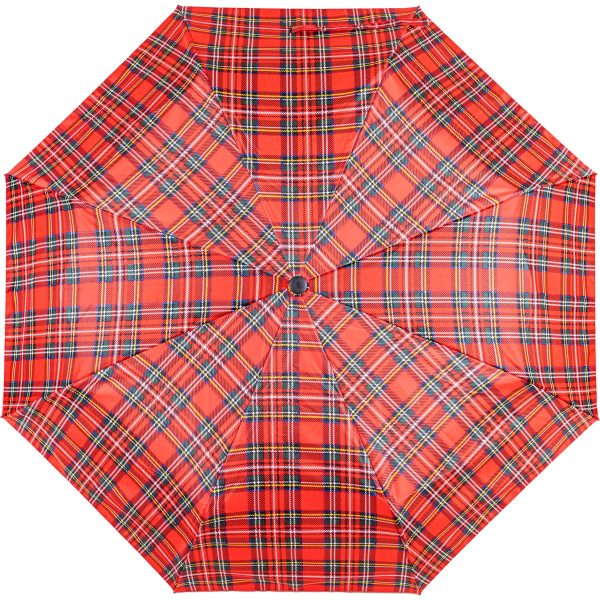 Red tartan umbrella with auto open and close feature.