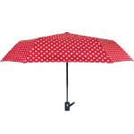 Red polka dot automatic umbrella with black handle and shaft.