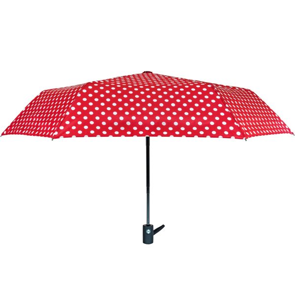 Red polka dot automatic umbrella with black handle and shaft.