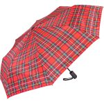 Red tartan umbrella with auto open and close feature.