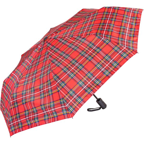 Red tartan umbrella with auto open and close feature.