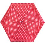 Red polka dot umbrella with automatic open feature.