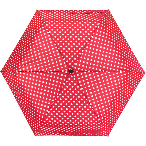 Red polka dot umbrella with automatic open feature.