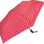 Red polka dot automatic umbrella for rain protection.