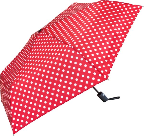 Red polka dot automatic umbrella for rain protection.